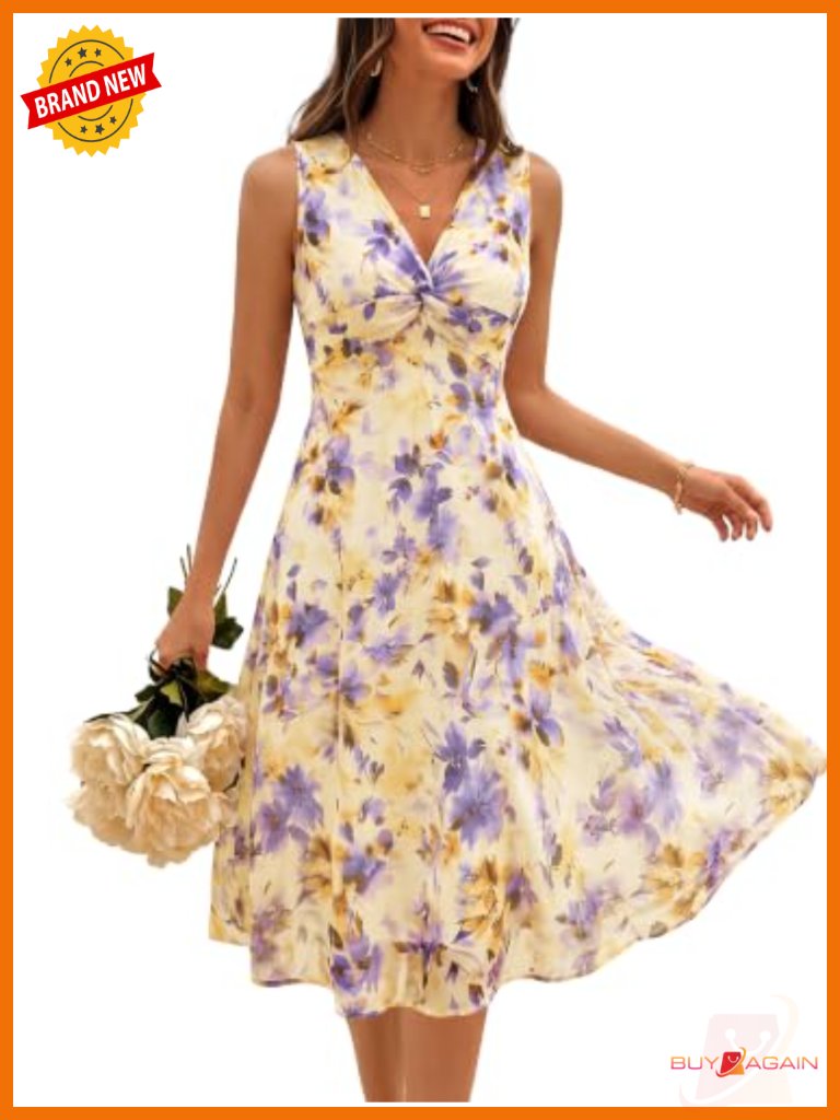 Twist V-Neck Floral Elastic Mesh Midi Dress Sleeveless A-Line